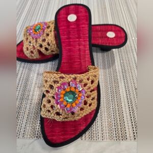 Embellished Woven Kitten Heel Sandals - Tan and Red Size 7